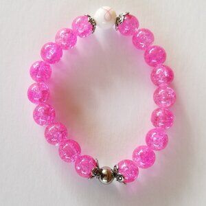 Hand Crafted Pink Breast Cancer Awareness Bracelet Crackle Beads Stretch